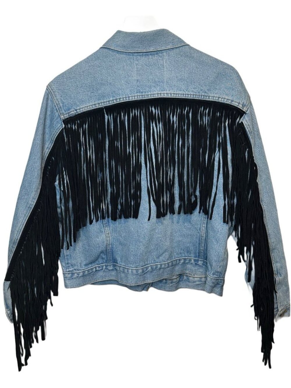 American Vintage Denim Jacket Fringe Western Boho Patchwork Lobster L USA